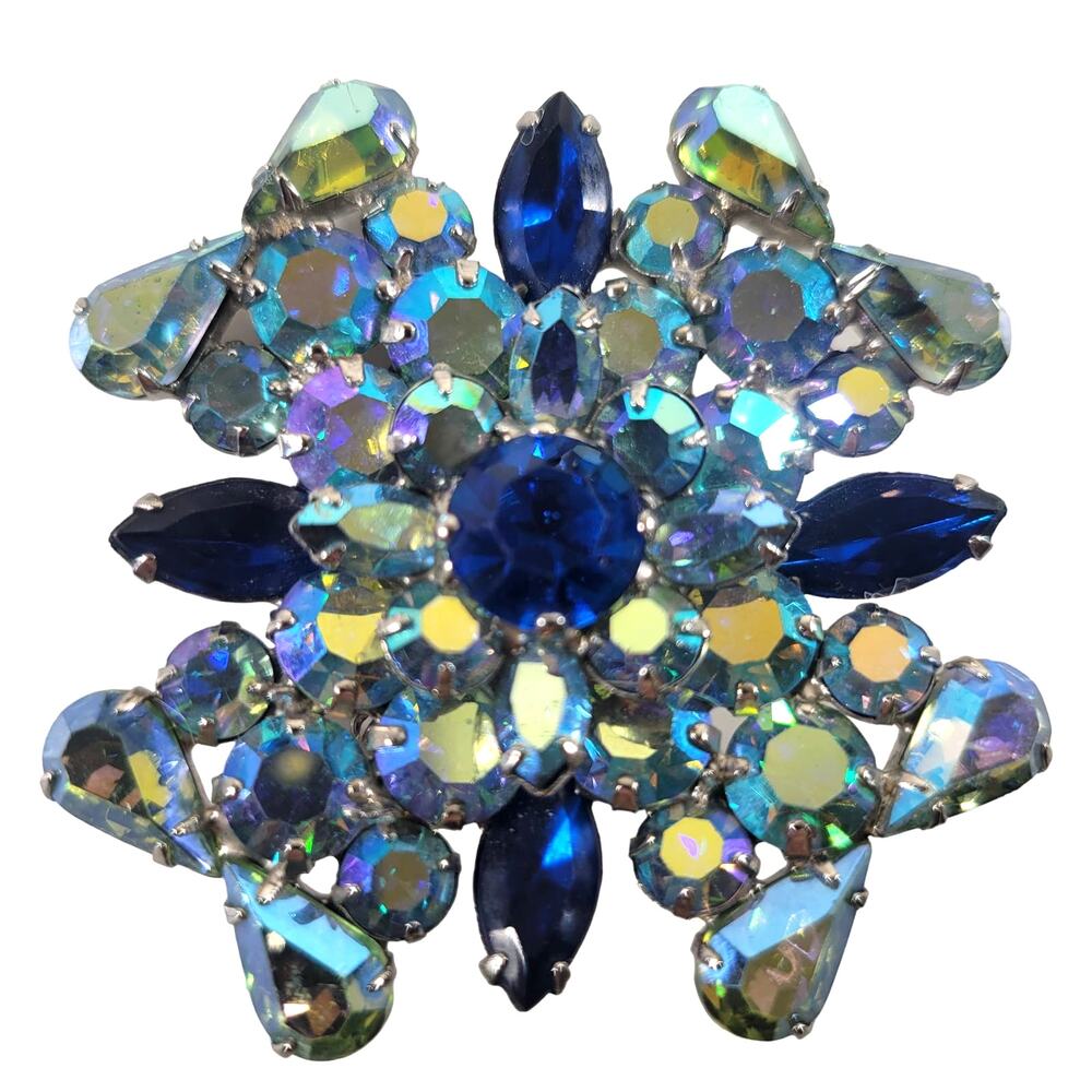 Aurora Borealis Rhinestone Brooch Pin Blue Hues Large  2.31” Sparkle AB Glam
